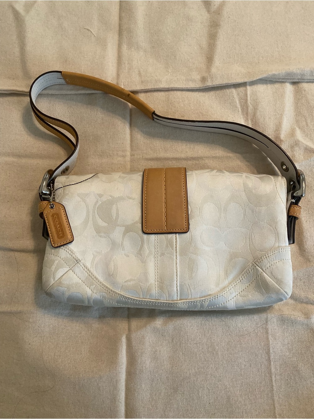 Coach White Signature Canvas Shoulder Bag with Tan Leather Trim and Bee Accent - Picture 2 of 10